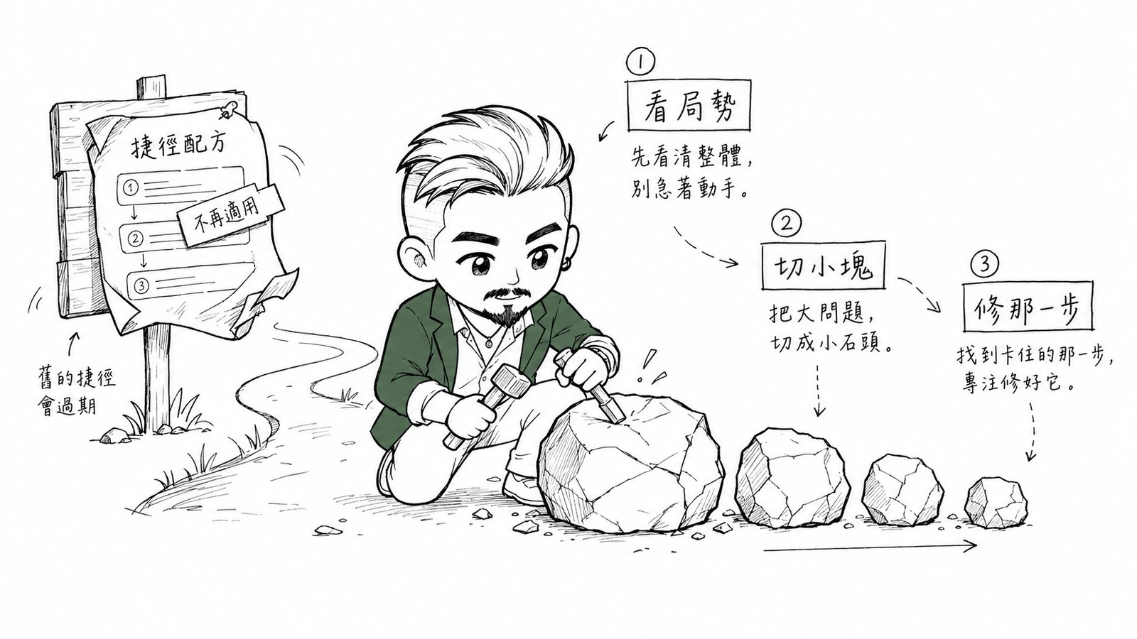 村長蹲在路邊把大石頭鑿成四小塊，身後那張神流程海報貼著已改版
