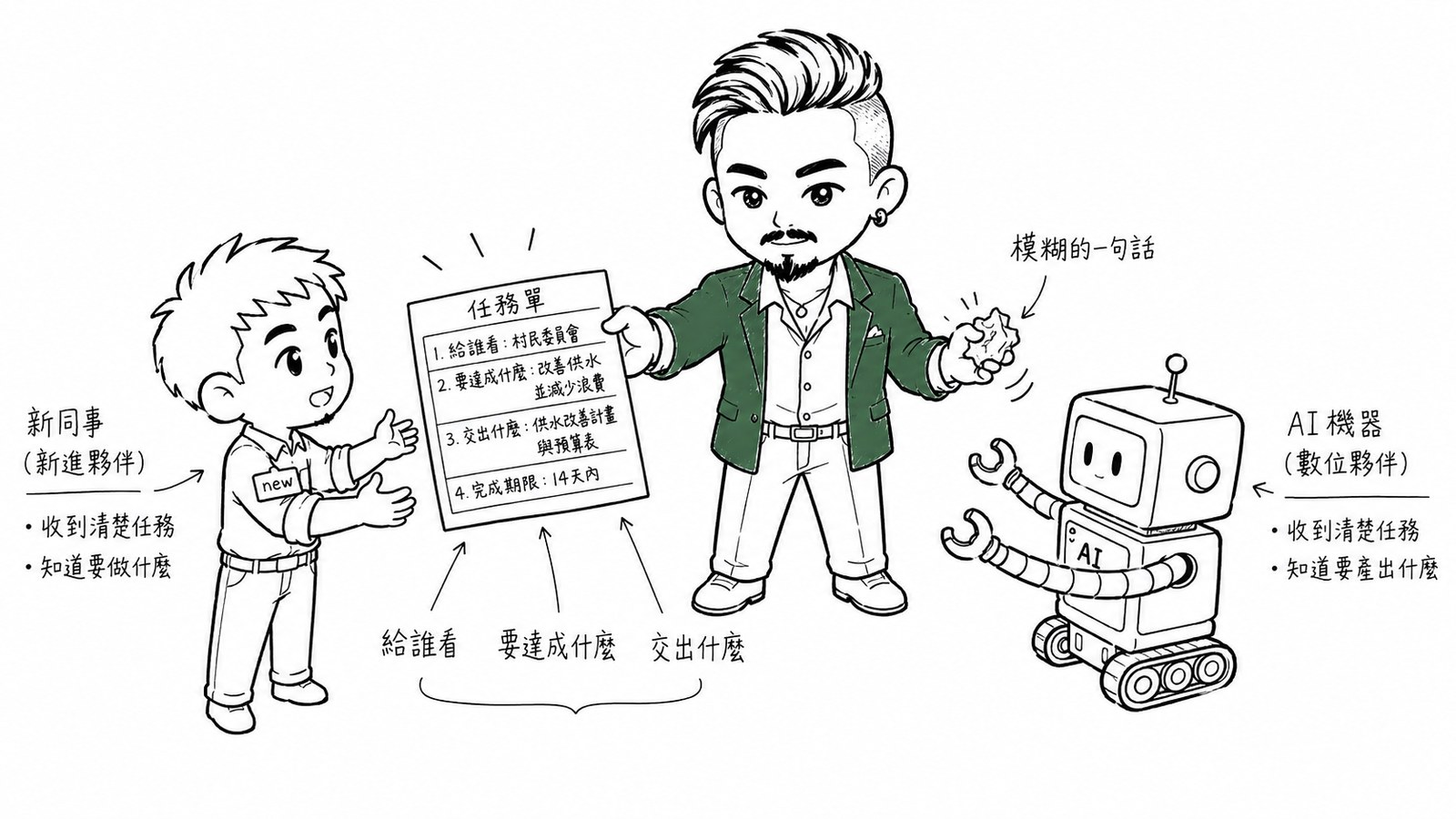 村長把填好四格的任務單同時遞給新同事和 AI，兩邊接到的是同一張單子