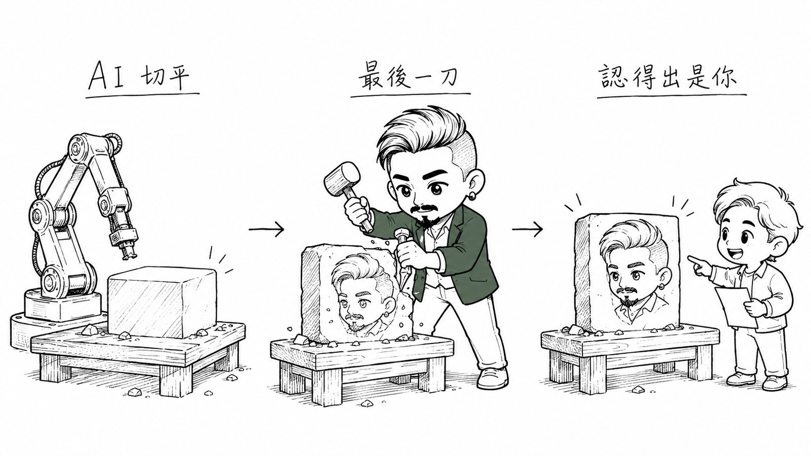 AI 機械手臂把石頭切平後，村長親手下最後一刀，石頭上浮現他自己的輪廓