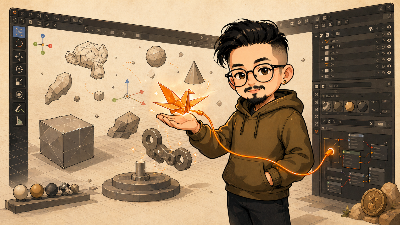 村長 Q 版人物在 Blender 工作區裡，手中托著一隻橙色摺紙鶴造型的 Claude，旁邊飄浮著低多邊形石塊、齒輪與材質球，右側是節點編輯器