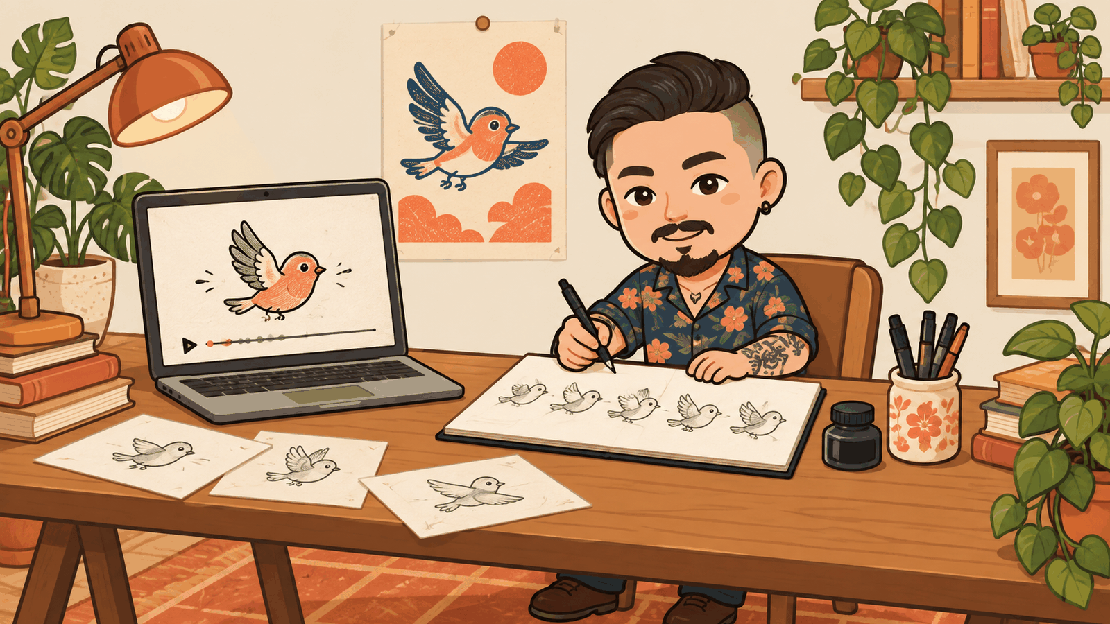 Q 版村長坐在工作桌前，畫紙上排著一列小鳥的分解動作草圖，旁邊筆電螢幕正播放同一隻小鳥飛起來的動畫，牆上貼著一張小鳥海報