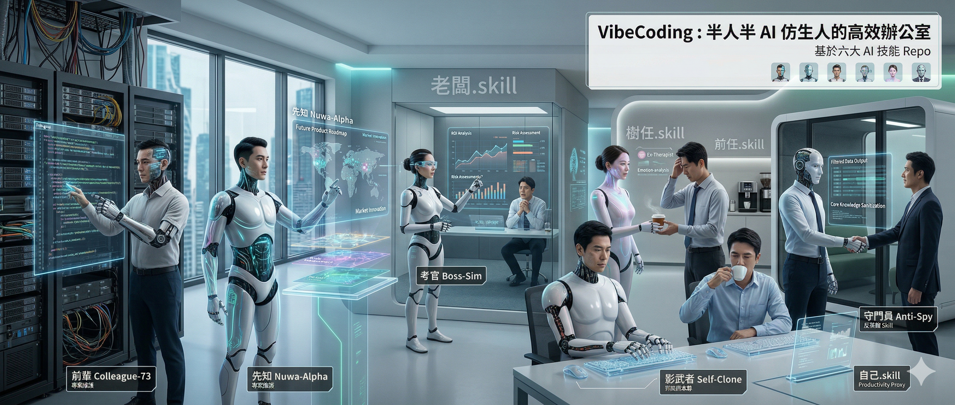 六種熱門 AI skill 概念組成的辦公室主視覺